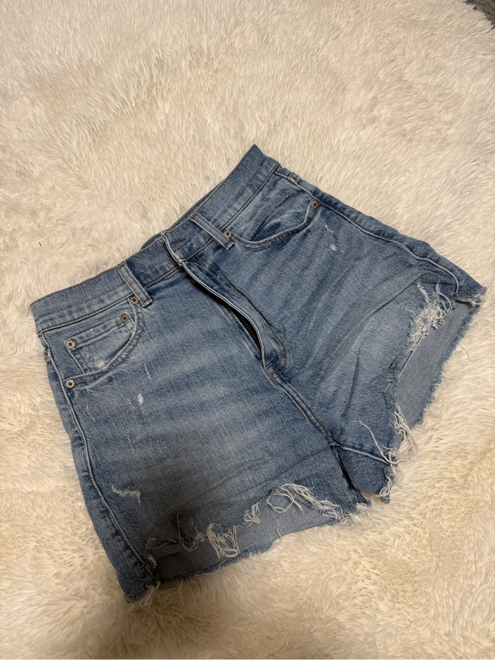 High-Rise Distressed Denim Shorts - Blue